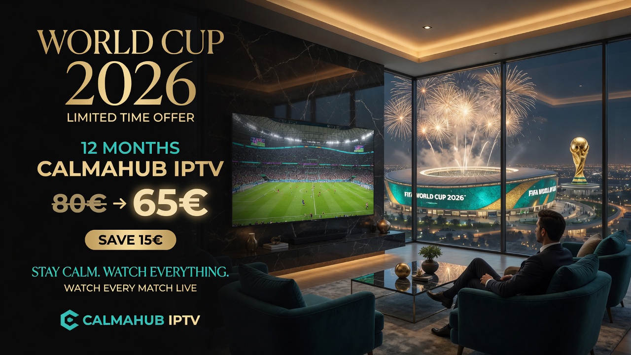 Luxurious living room with a large TV showing a soccer match; floor-to-ceiling windows reveal a stadium with fireworks outside in a cityscape.